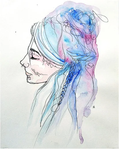 A woman in profile with blue braided hair
