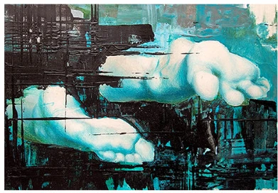 Two feet against dark teal