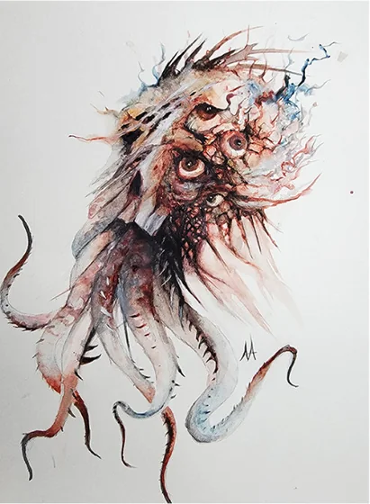 A bristling creature with many eyes and hanging tentacles