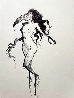 A standing nude figure with a beaked mask and flowing hair