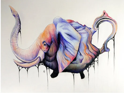 A teapot shaped like an elephant with dripping colour
