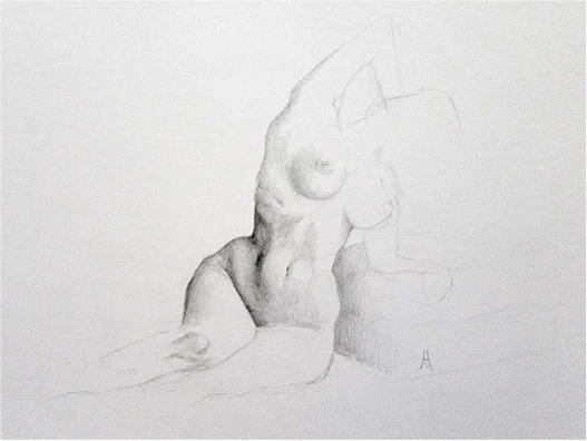 A seated nude figure with one arm raised, lightly drawn