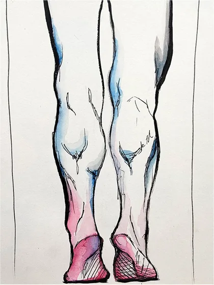 Standing legs with pink and blue accents
