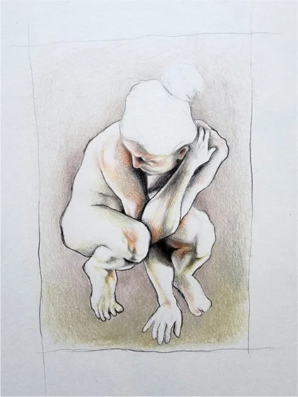 A crouching nude figure with head bowed
