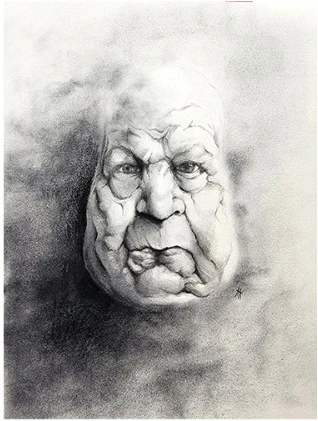 An elderly face with deep wrinkles